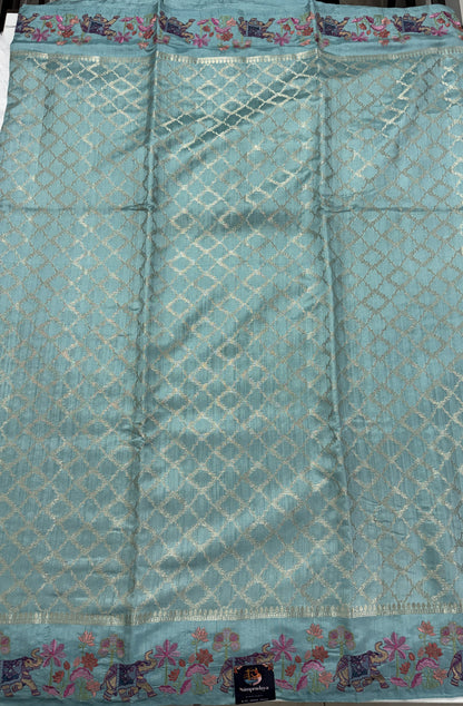Pure Chiniya Silk Saree Sea Green Colored Elegantly Paired with a Gold Zari Border
