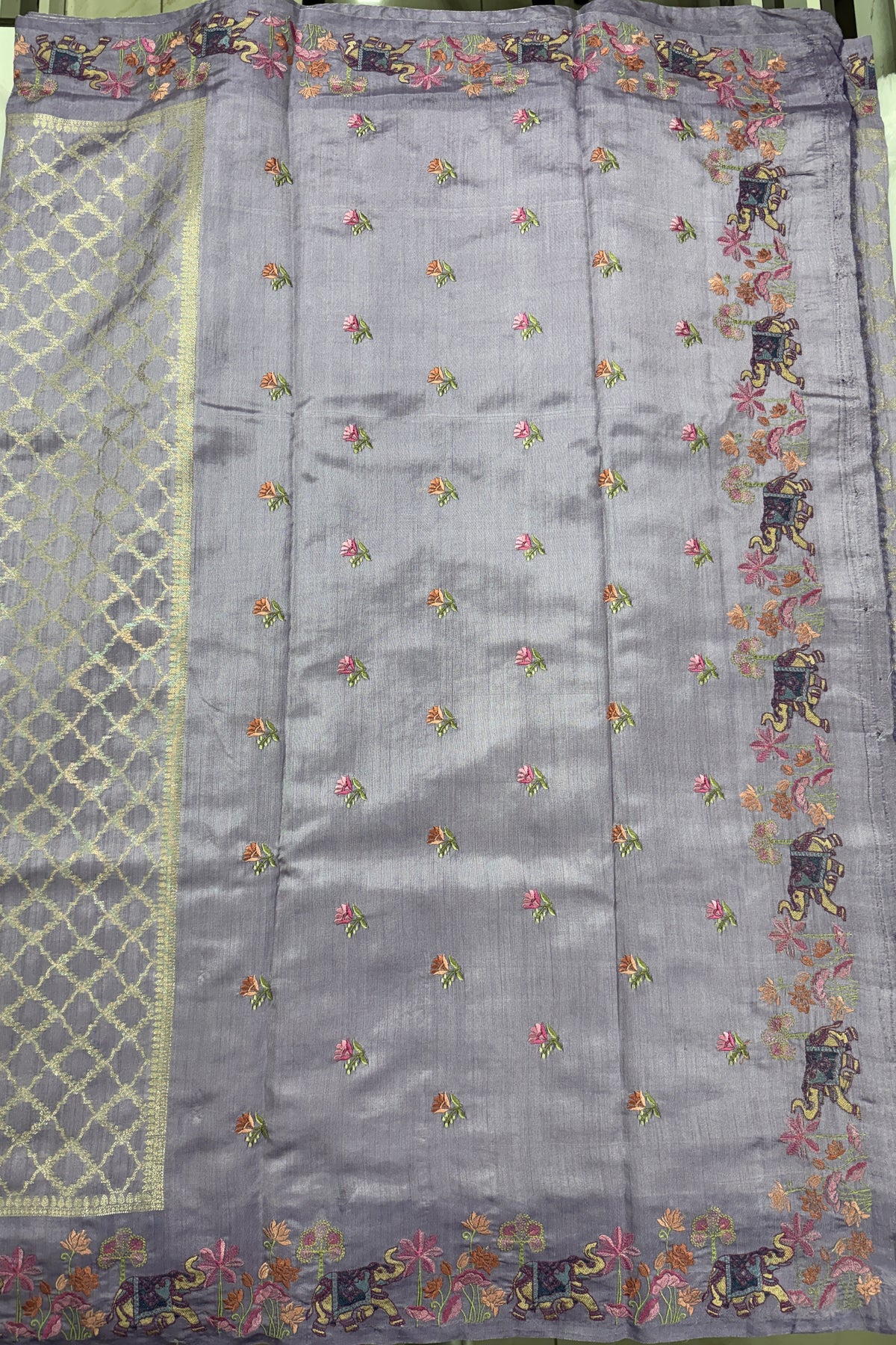 Pure Chiniya Silk Saree Lavender Colored Elegantly Paired with a Gold Zari Border