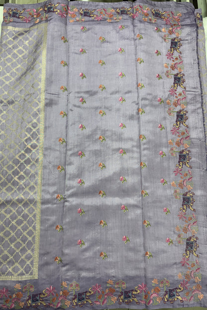 Pure Chiniya Silk Saree Lavender Colored Elegantly Paired with a Gold Zari Border