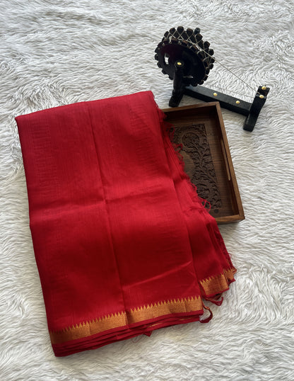Mangalagiri Plain Pattu Saree Red colored complemented with a Zari Border - Sampradaya Designer Studio