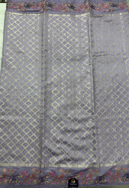 Pure Chiniya Silk Saree Lavender Colored Elegantly Paired with a Gold Zari Border
