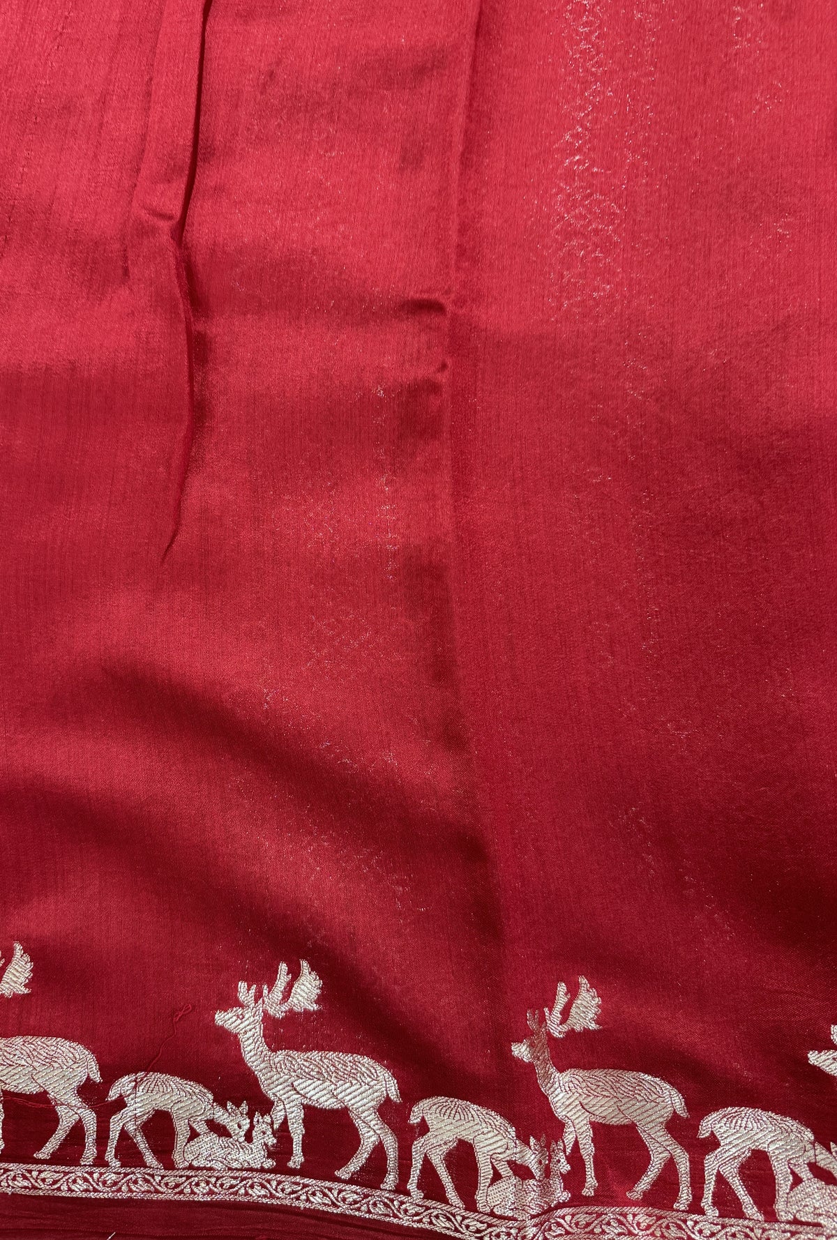 Pure Chiniya Silk Saree Red Colored Elegantly Paired with a Gold Zari Border.