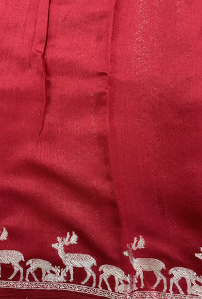 Pure Chiniya Silk Saree Red Colored Elegantly Paired with a Gold Zari Border.