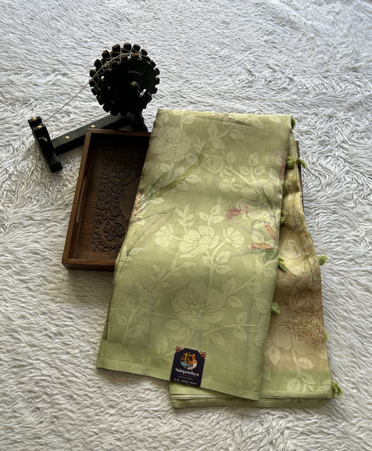 Banarasi Tissue Fancy Saree Light Green Colored Complemented with a Borderless. - Sampradaya Designer Studio