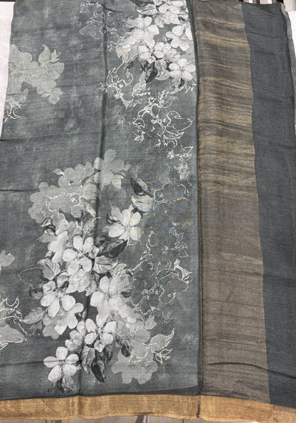 Pure Chiniya Silk Saree Gray Colored Elegantly Paired with a Gold Zari Border.