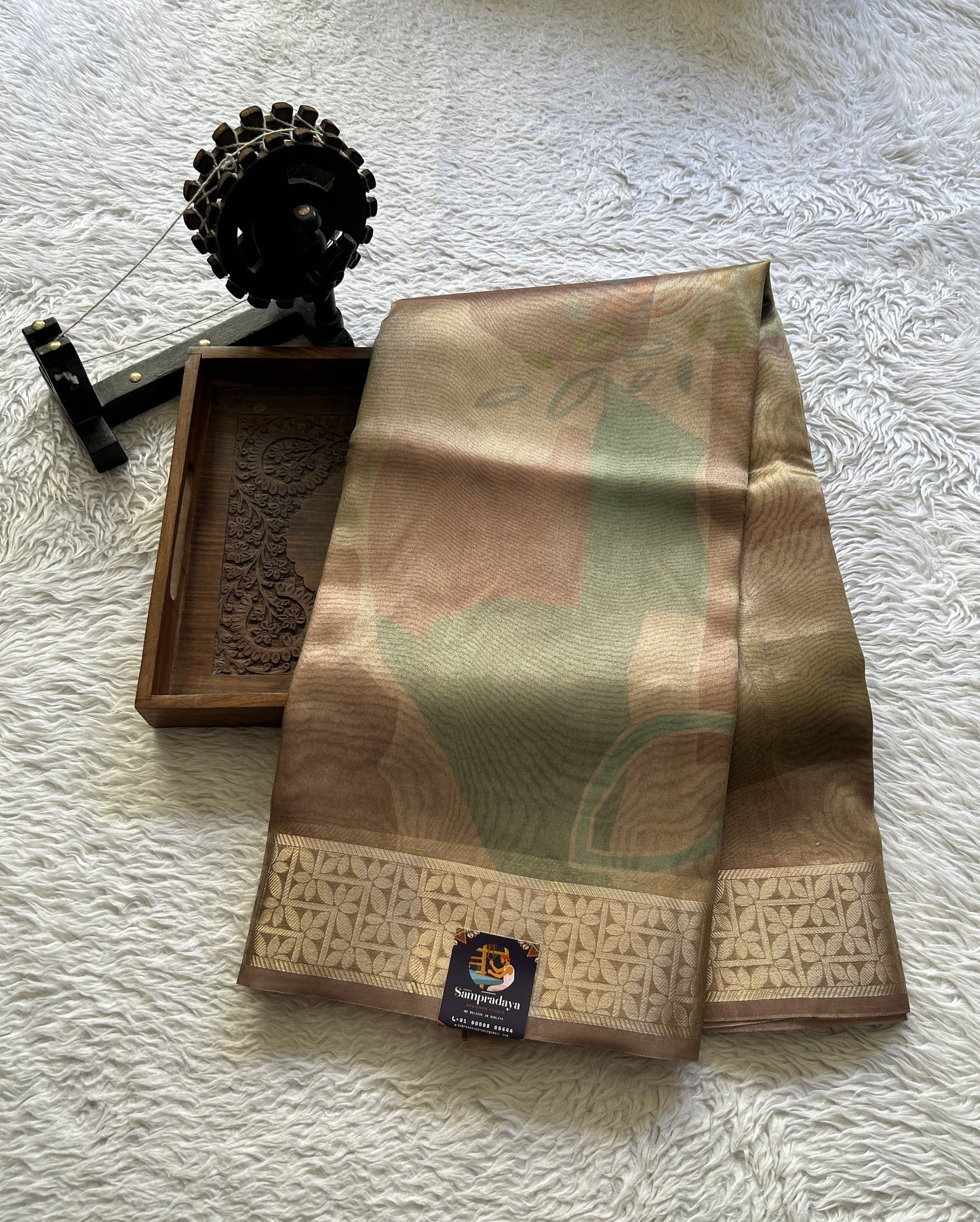 Banarasi Tissue Fancy Saree Sandcastle Colored Complemented with a Zari Border. - Sampradaya Designer Studio