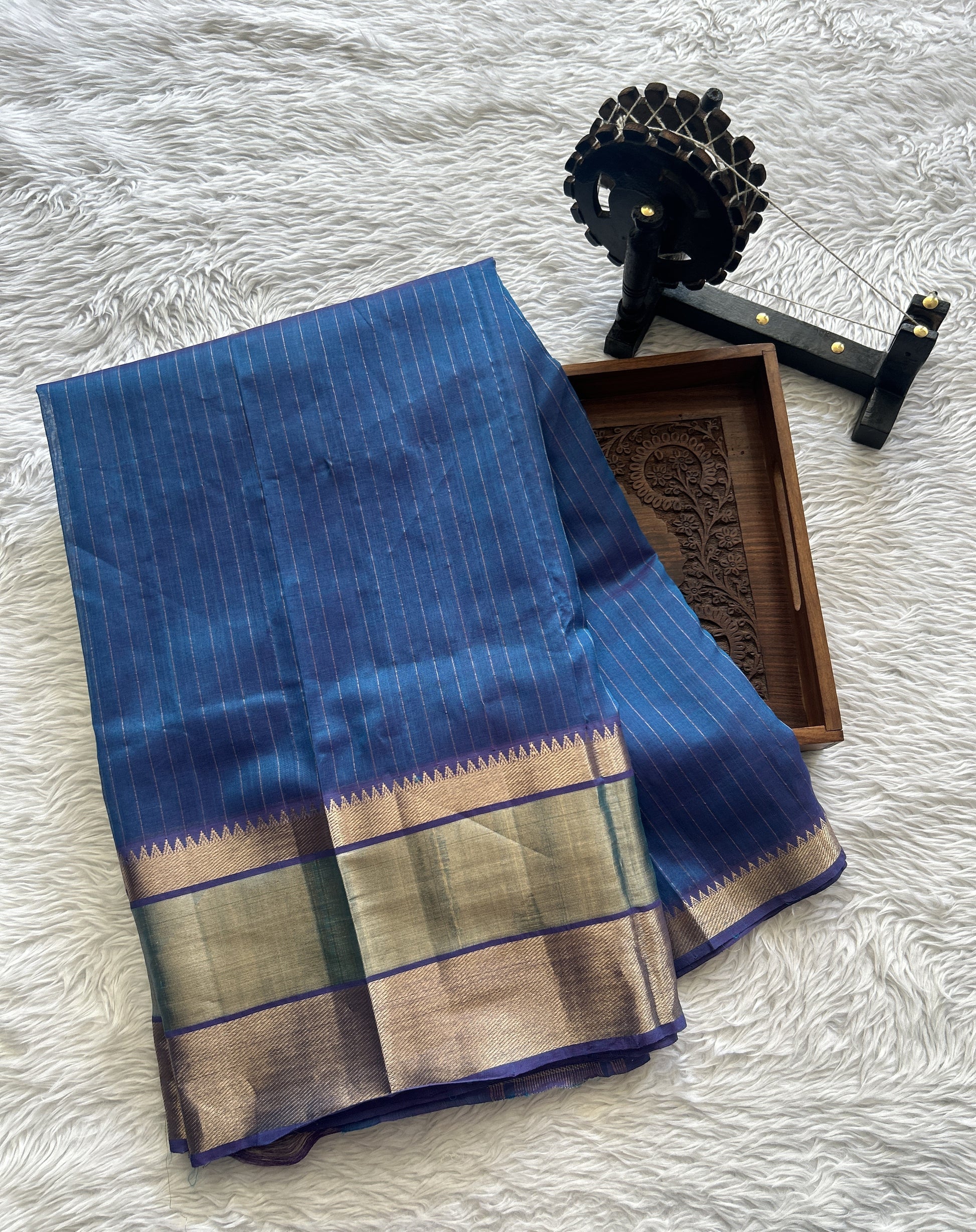 Mangalagiri Plain Pattu Saree Blue colored complemented with a Zari Border - Sampradaya Designer Studio