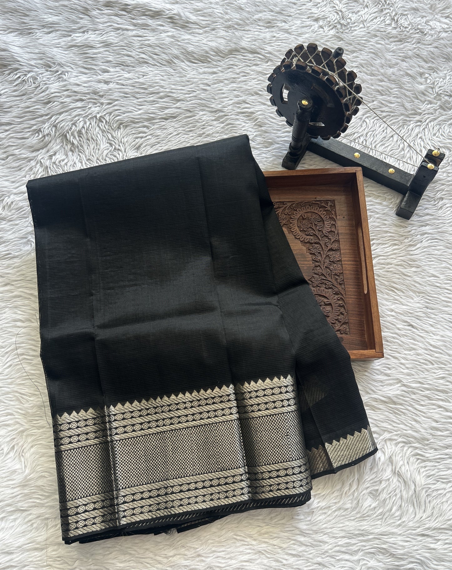 Mangalagiri Plain Pattu Saree Black colored complemented with a Zari Border - Sampradaya Designer Studio