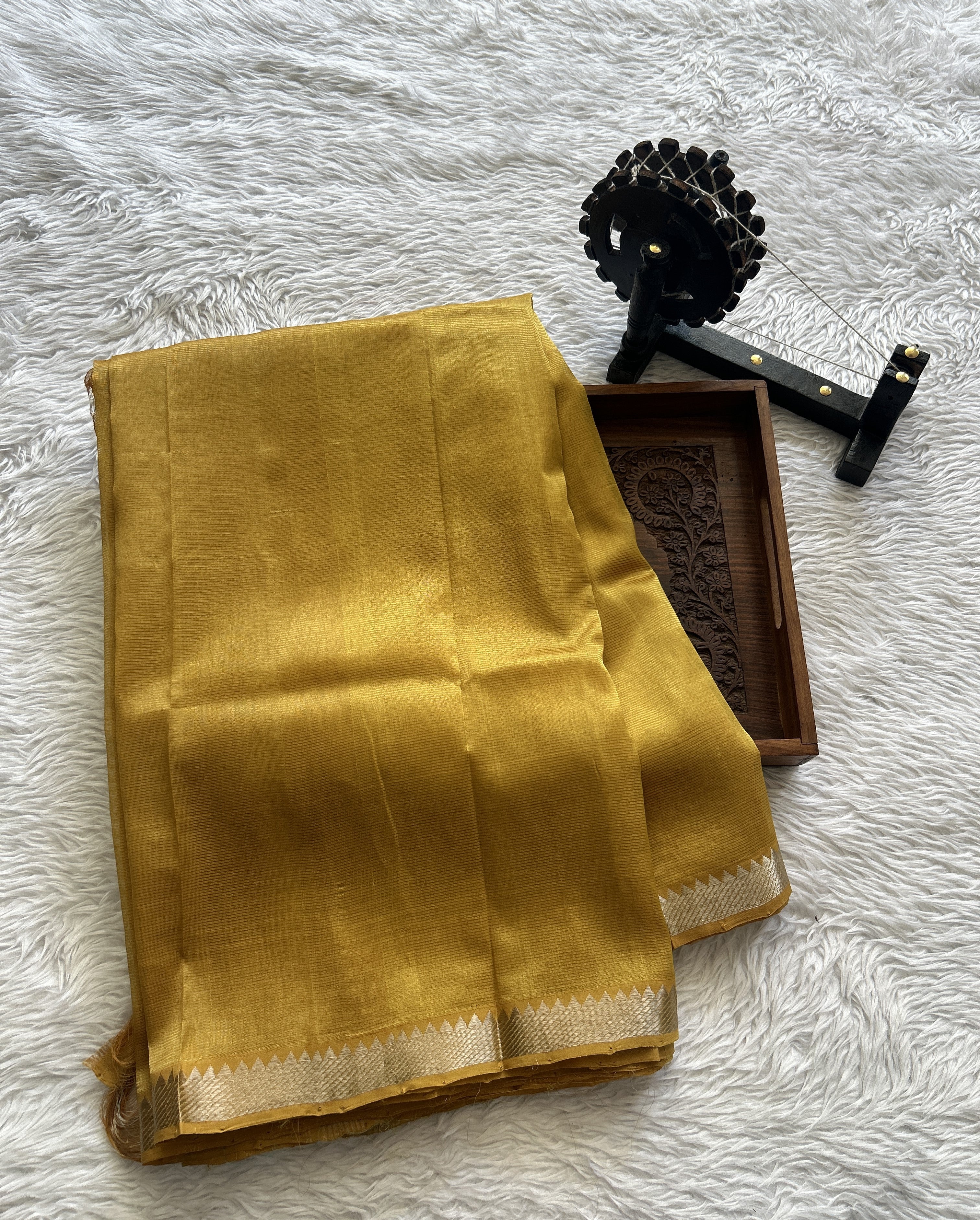Syaahi Mangalagiri Pattu Kalamkari Mustard Yellow Saree main image 1