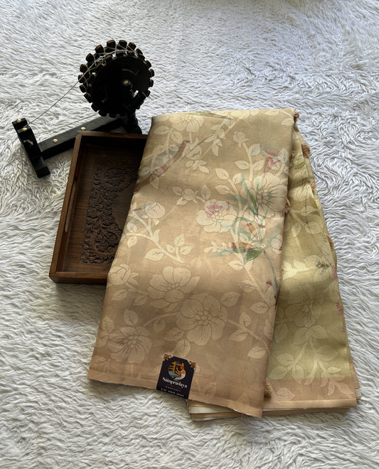 Banarasi Tissue Fancy Saree Light Coral Colored Paired with a Borderless. - Sampradaya Designer Studio