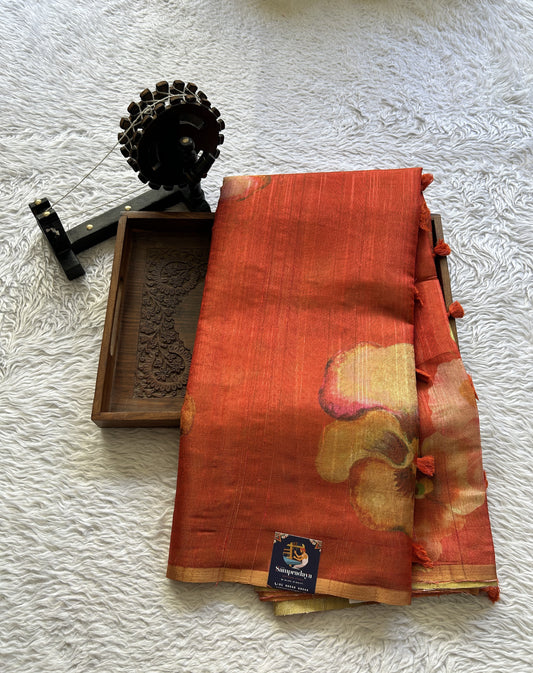 Banarasi Tissue Fancy Saree Dark Orange Colored Paired with a Borderless. - Sampradaya Designer Studio