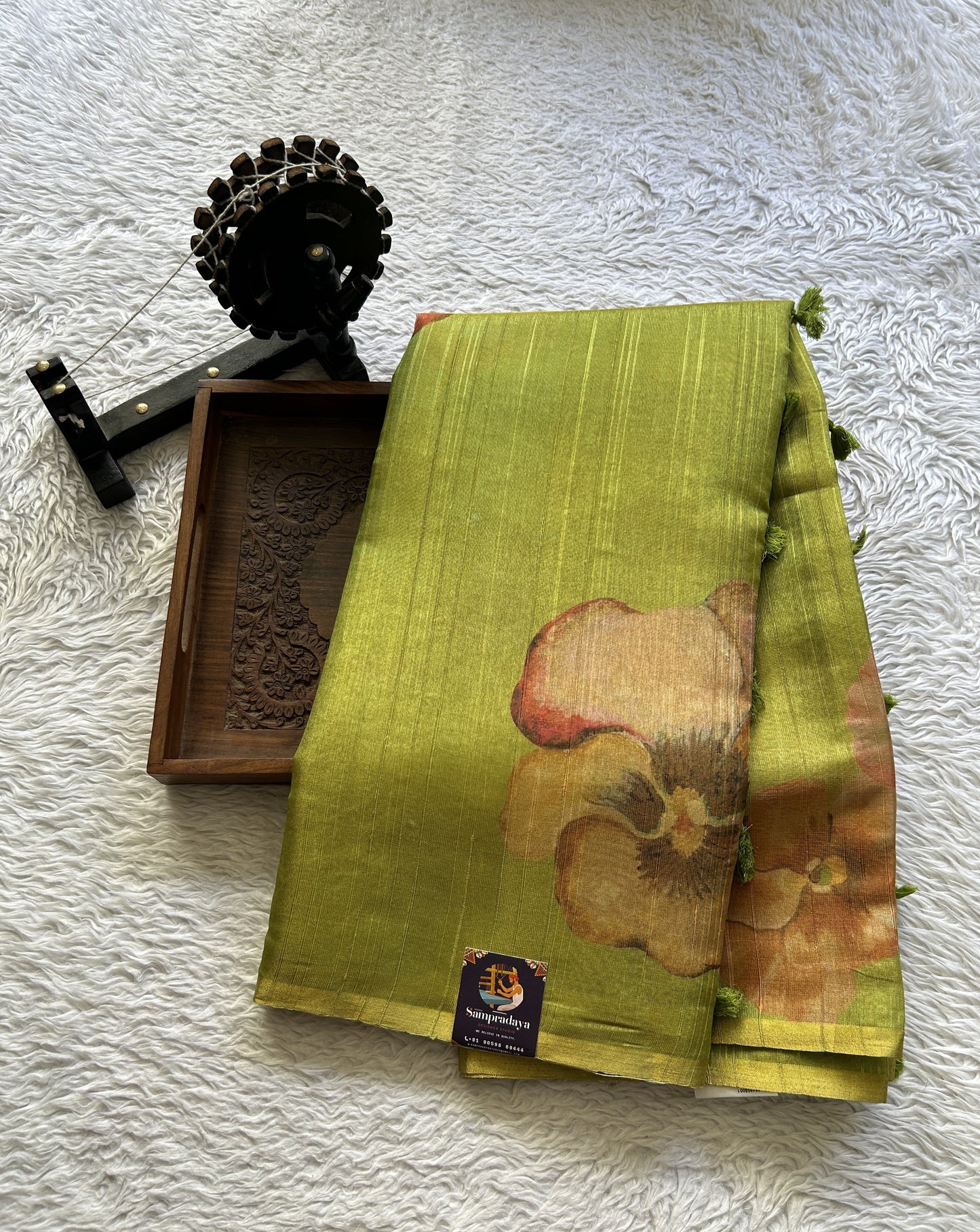 Banarasi Tissue Fancy Saree Parrot Green Colored Paired with a Borderless. - Sampradaya Designer Studio
