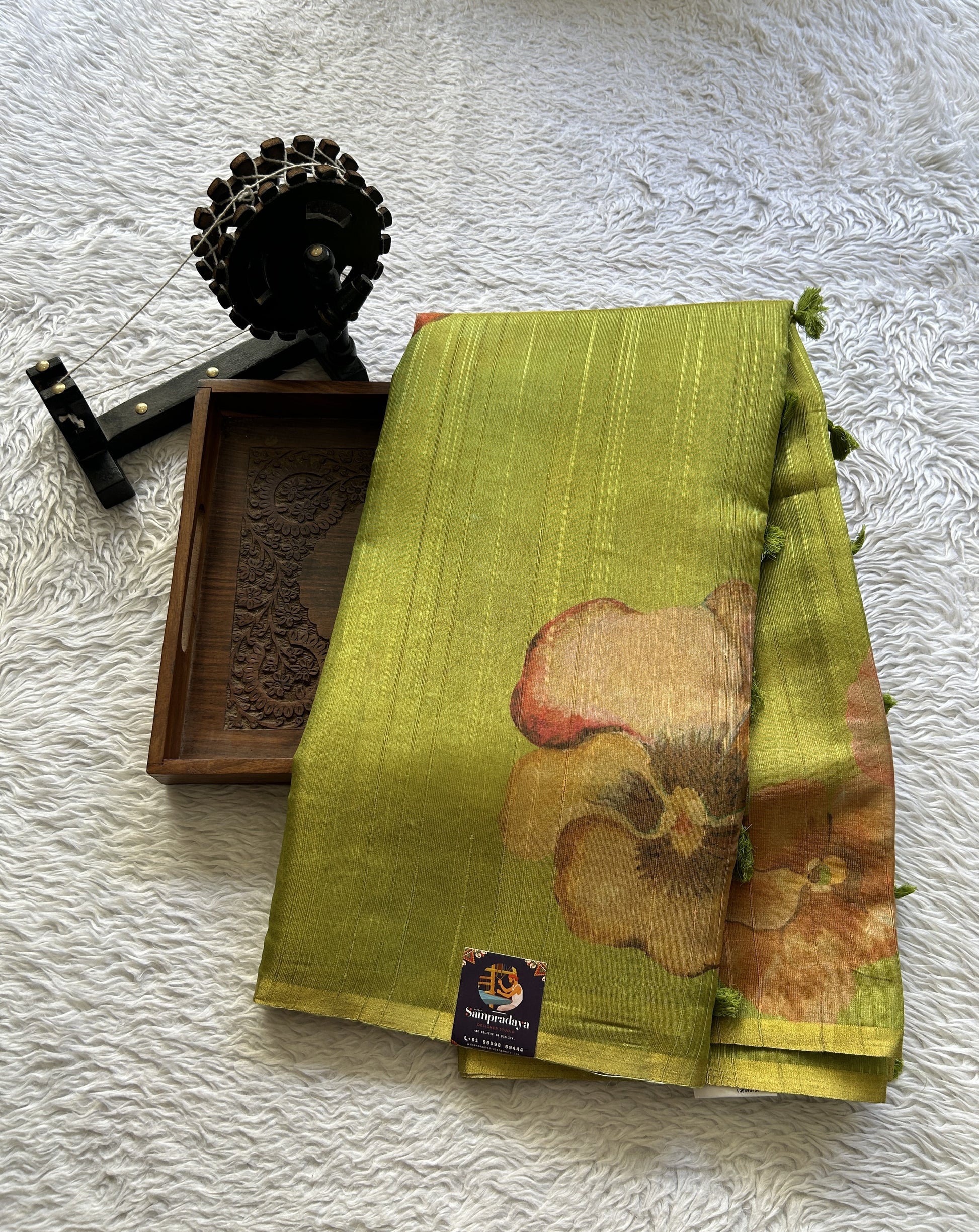 Banarasi Tissue Fancy Saree Parrot Green Colored Paired with a Borderless. - Sampradaya Designer Studio