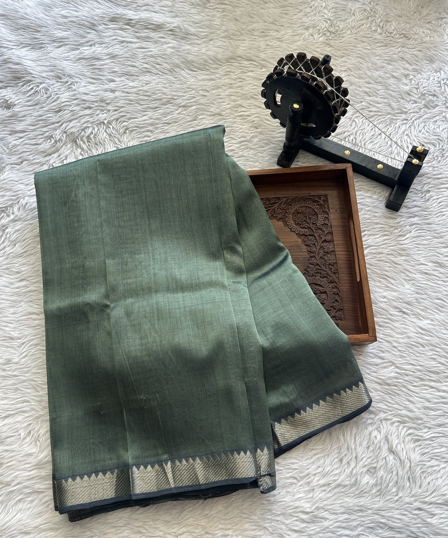 Mangalagiri Plain Pattu Saree Peacock Green colored complemented with a Zari Border - Sampradaya Designer Studio