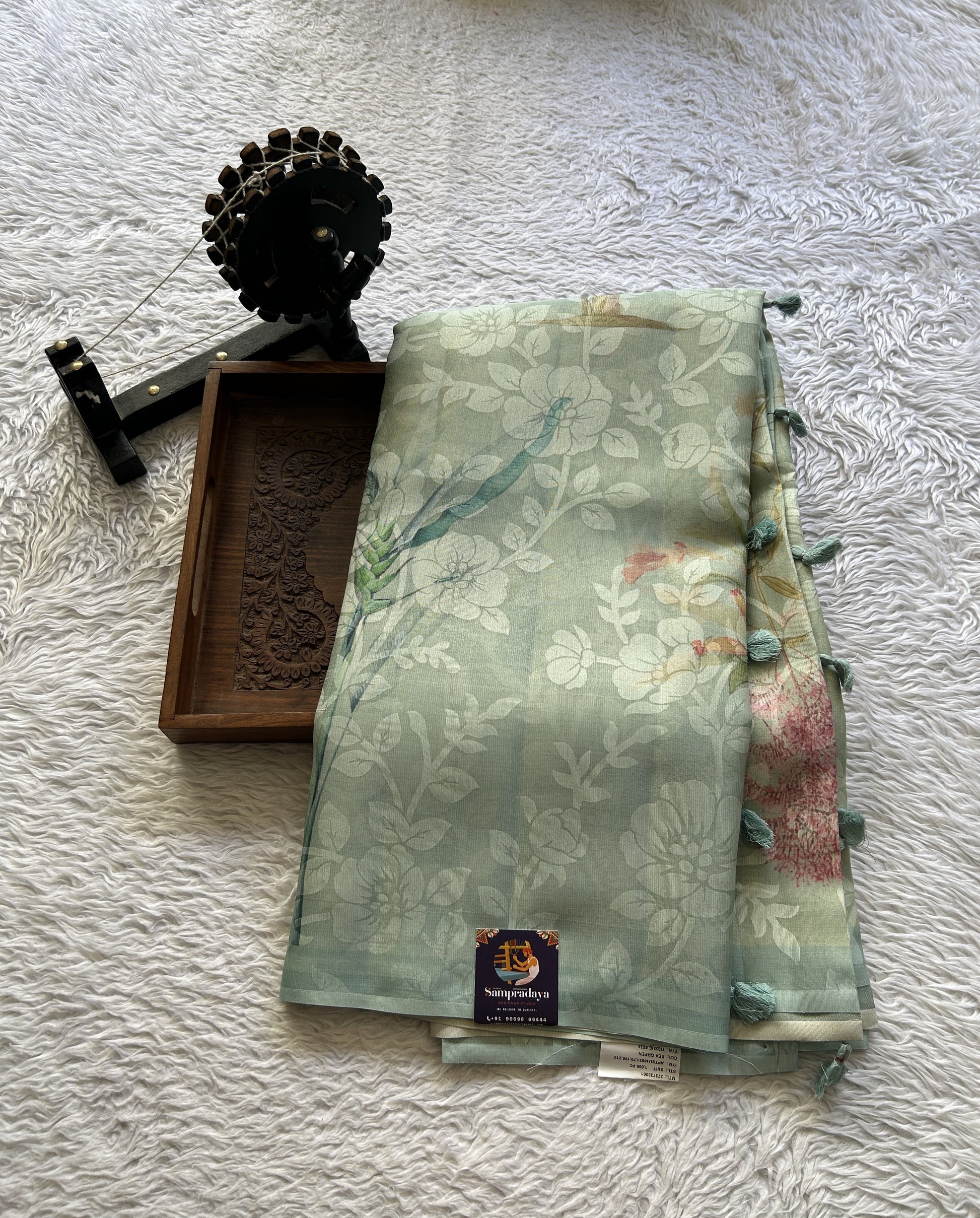 Banarasi Tissue Fancy Saree Light Blue Colored Paired with a Borderless. - Sampradaya Designer Studio