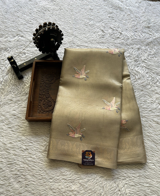 Banarasi Tissue Fancy Saree Biscuit Colored Paired with a Zari Border. - Sampradaya Designer Studio