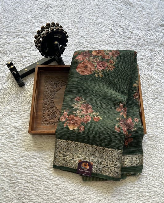 Banarasi Fancy Crushed Saree Dark Green Colored Paired with a Zari Border. - Sampradaya Designer Studio