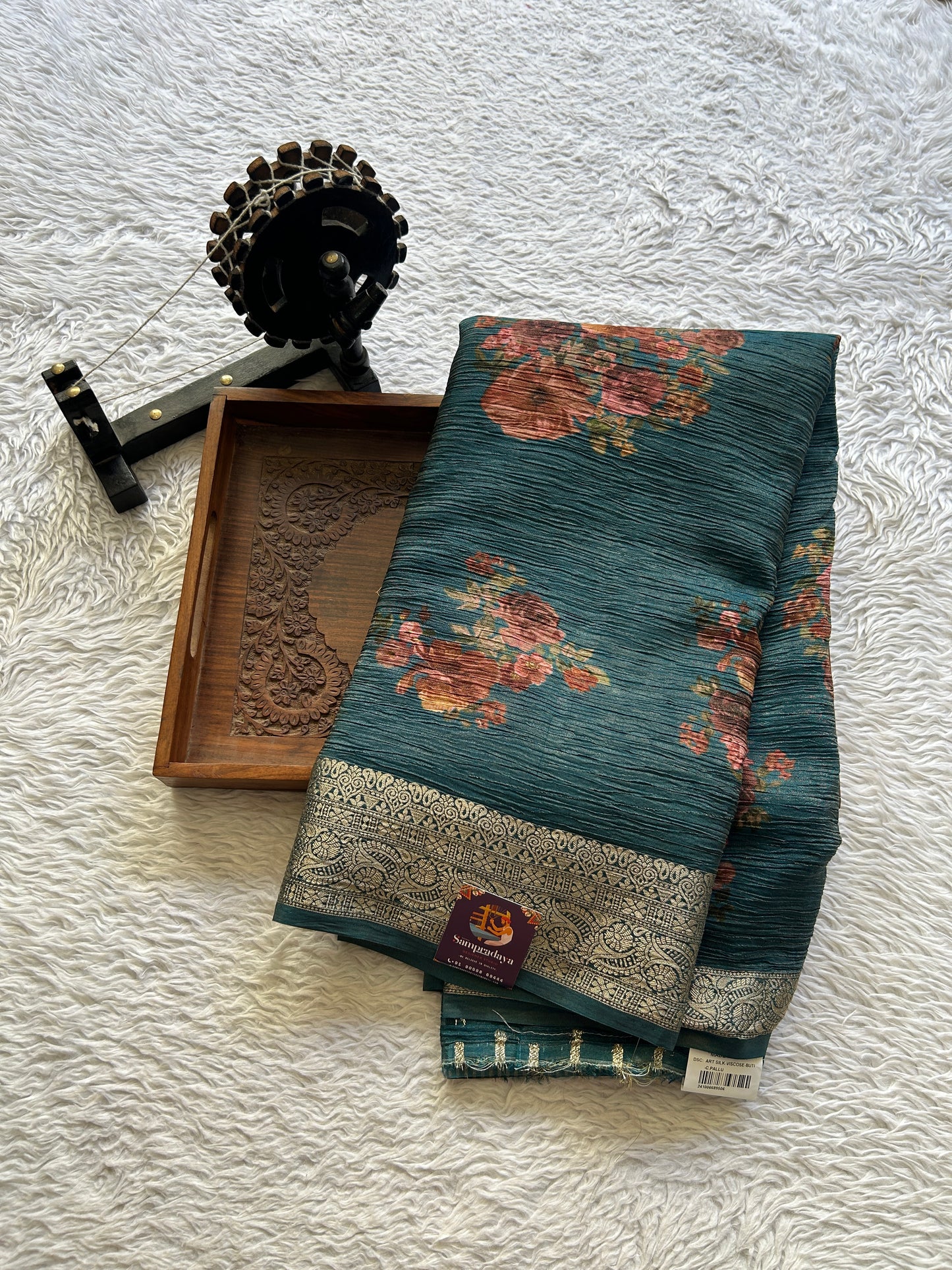 Banarasi Fancy Crushed Saree Peacock Blue Colored Paired with a Zari Border. - Sampradaya Designer Studio