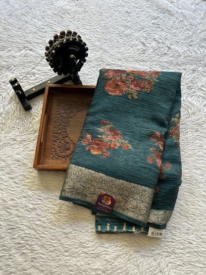 Banarasi Fancy Crushed Saree Peacock Blue Colored Paired with a Zari Border. - Sampradaya Designer Studio