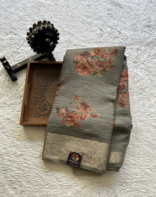 Banarasi Fancy Crushed Saree Gray Colored Paired with a Zari Border. - Sampradaya Designer Studio