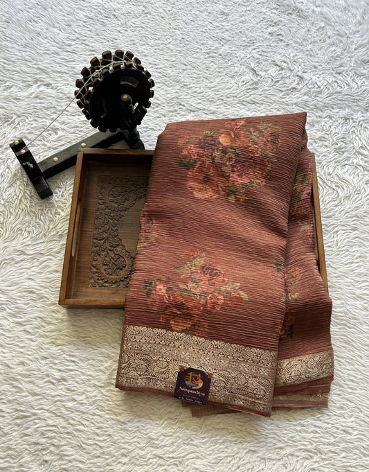 Banarasi Fancy Crushed Saree Dark Rust Colored Complemented with a Zari Border. - Sampradaya Designer Studio