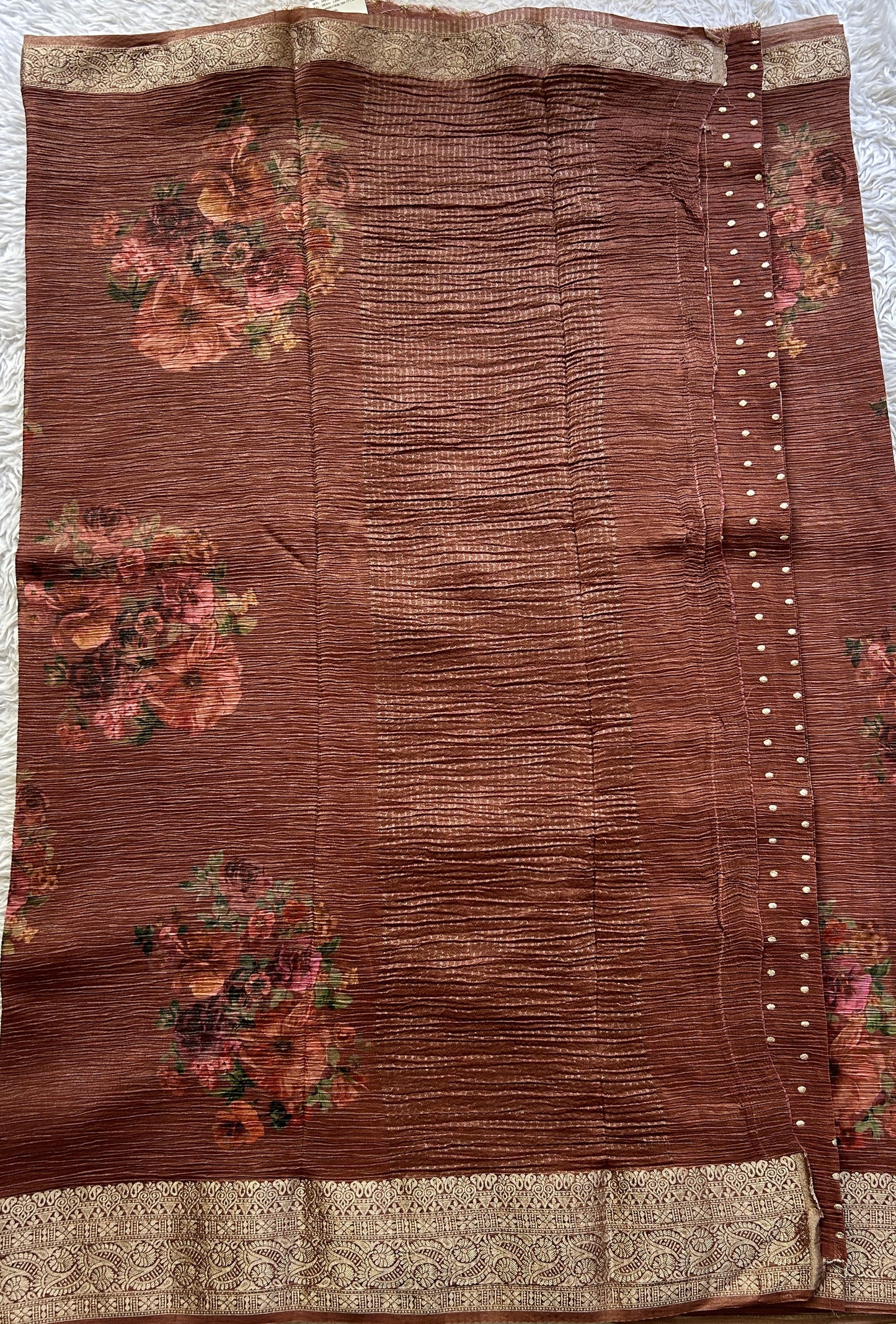 Banarasi Fancy Crushed Saree Dark Rust Colored Complemented with a Zari Border. - Sampradaya Designer Studio