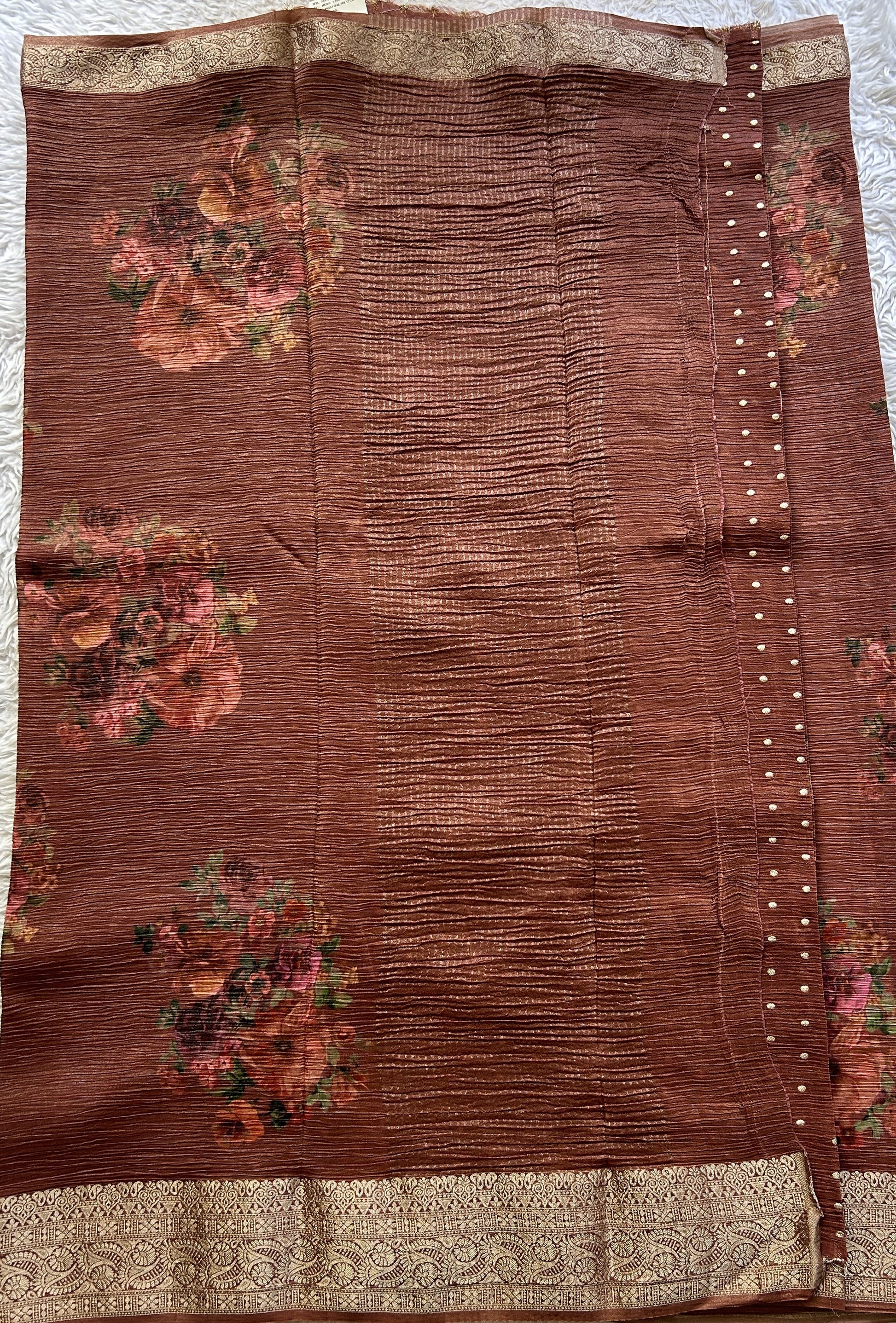 Banarasi Fancy Crushed Saree Dark Rust Colored Complemented with a Zari Border. - Sampradaya Designer Studio