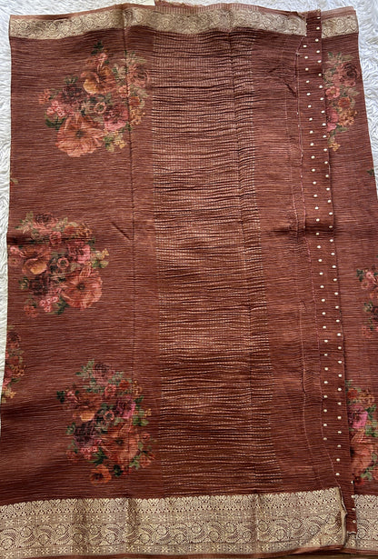 Banarasi Fancy Crushed Saree Dark Rust Colored Complemented with a Zari Border. - Sampradaya Designer Studio