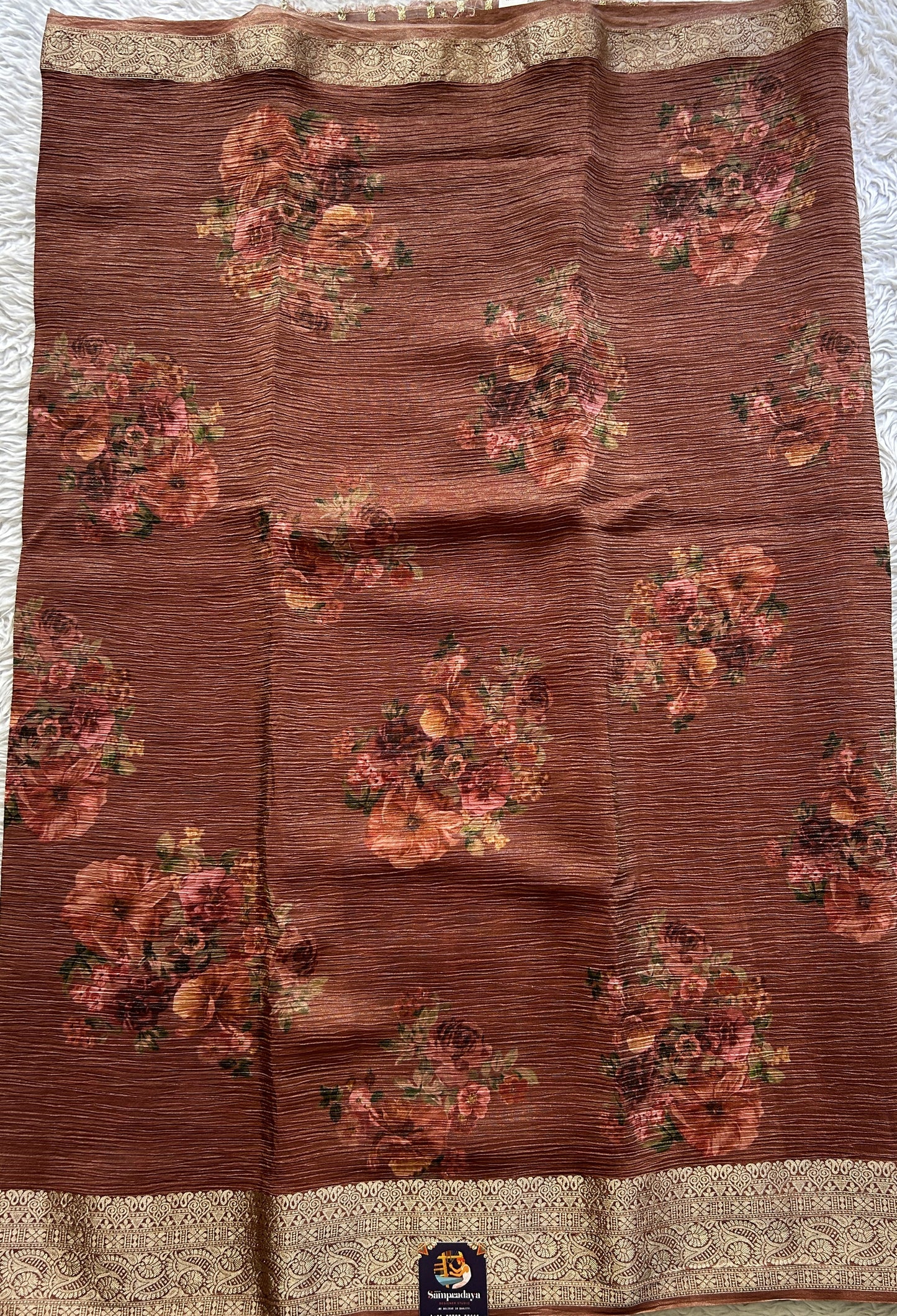 Banarasi Fancy Crushed Saree Dark Rust Colored Complemented with a Zari Border. - Sampradaya Designer Studio