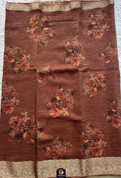 Banarasi Fancy Crushed Saree Dark Rust Colored Complemented with a Zari Border. - Sampradaya Designer Studio