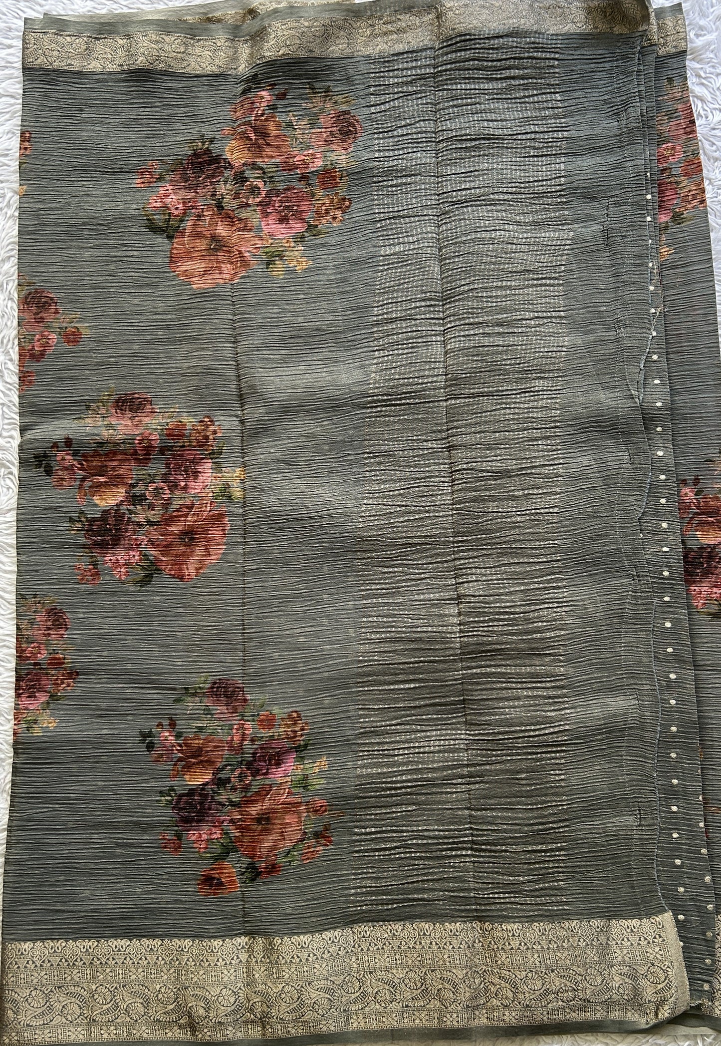 Banarasi Fancy Crushed Saree Gray Colored Paired with a Zari Border. - Sampradaya Designer Studio