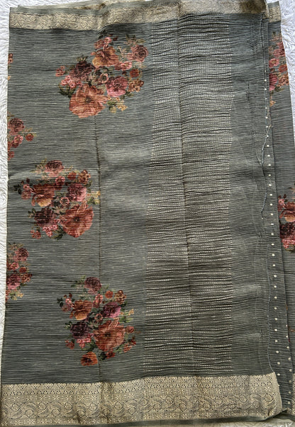 Banarasi Fancy Crushed Saree Gray Colored Paired with a Zari Border. - Sampradaya Designer Studio