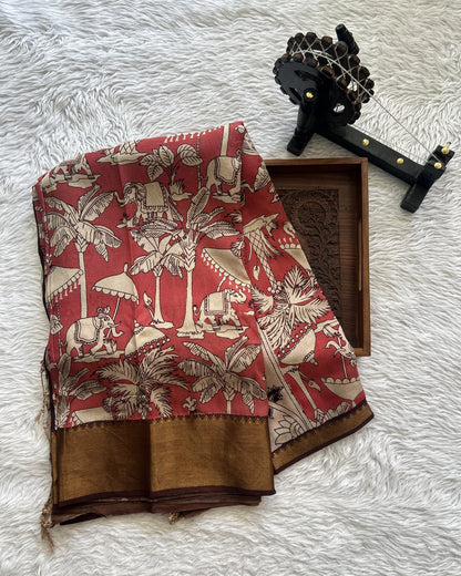 Mangalagiri Pen Kalamkari Saree Persian colored complemented with a Brown Colored Zari border - Sampradaya Designer Studio