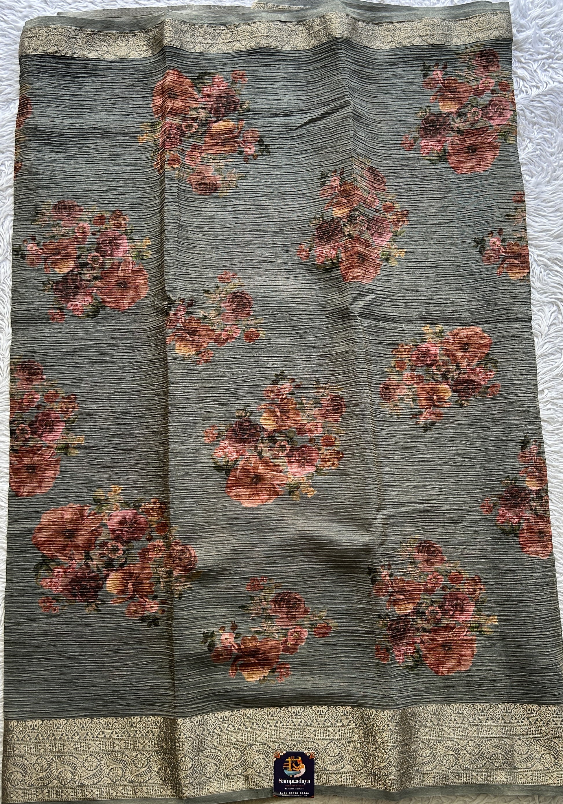 Banarasi Fancy Crushed Saree Gray Colored Paired with a Zari Border. - Sampradaya Designer Studio