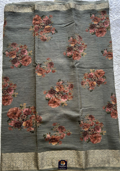 Banarasi Fancy Crushed Saree Gray Colored Paired with a Zari Border. - Sampradaya Designer Studio
