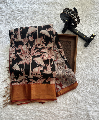 Mangalagiri Pen Kalamkari Saree Black colored complemented with a Maroon Colored Zari border - Sampradaya Designer Studio