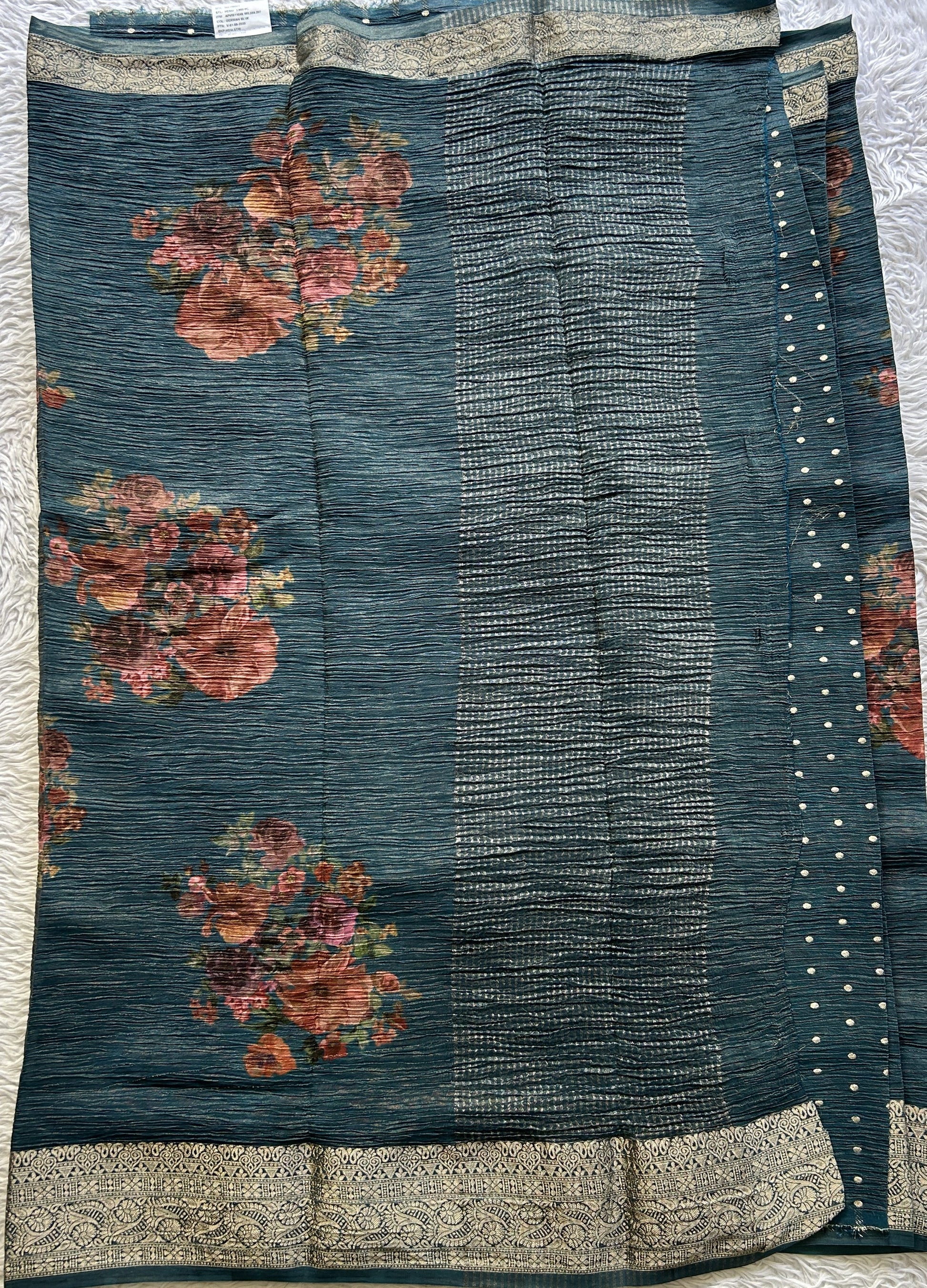 Banarasi Fancy Crushed Saree Peacock Blue Colored Paired with a Zari Border. - Sampradaya Designer Studio