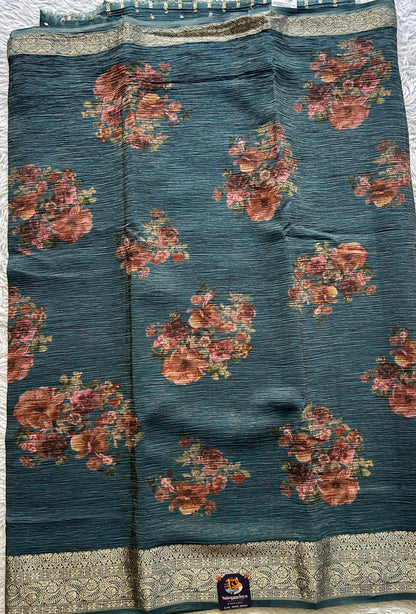 Banarasi Fancy Crushed Saree Peacock Blue Colored Paired with a Zari Border. - Sampradaya Designer Studio