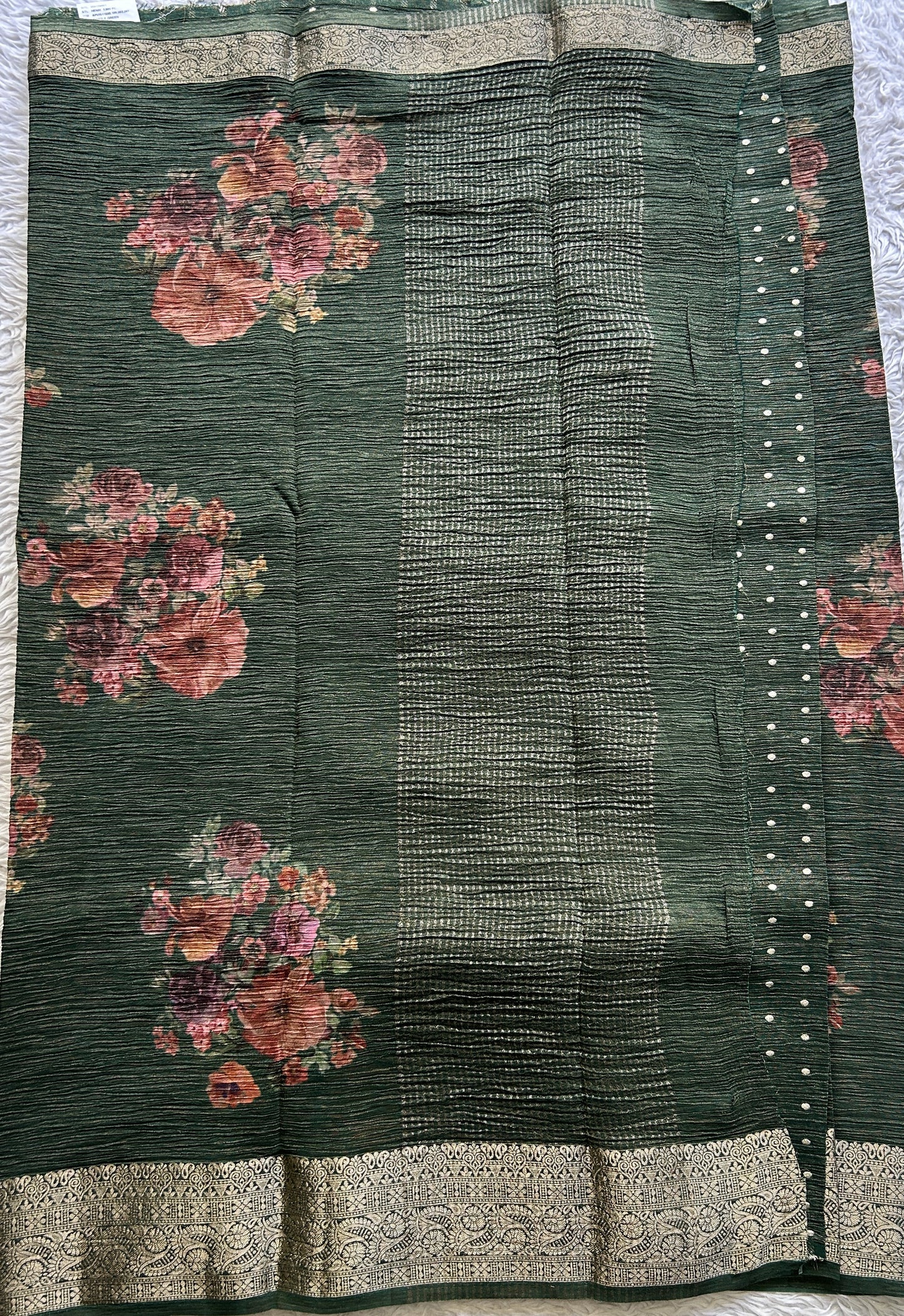 Banarasi Fancy Crushed Saree Dark Green Colored Paired with a Zari Border. - Sampradaya Designer Studio