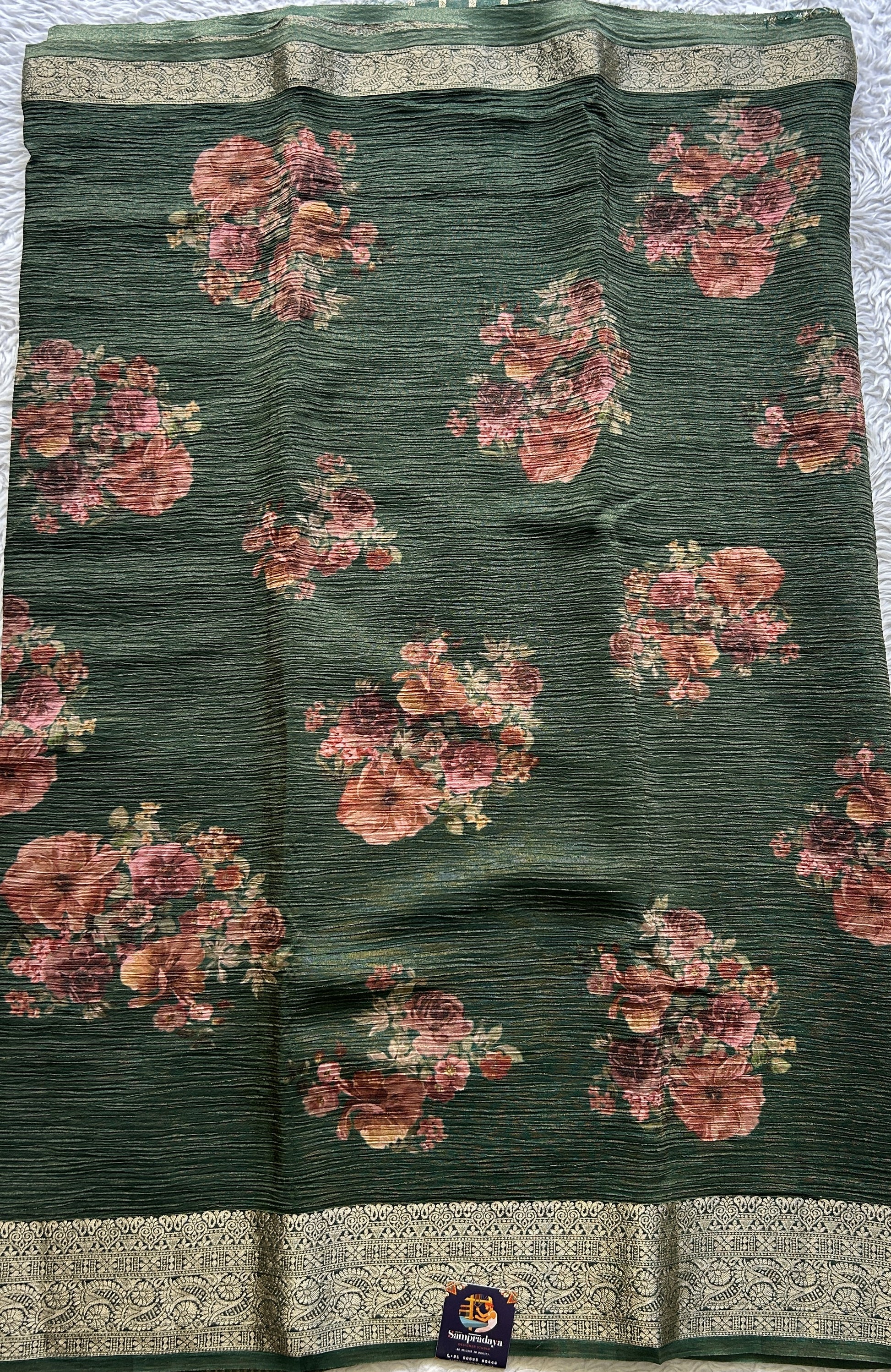 Banarasi Fancy Crushed Saree Dark Green Colored Paired with a Zari Border. - Sampradaya Designer Studio