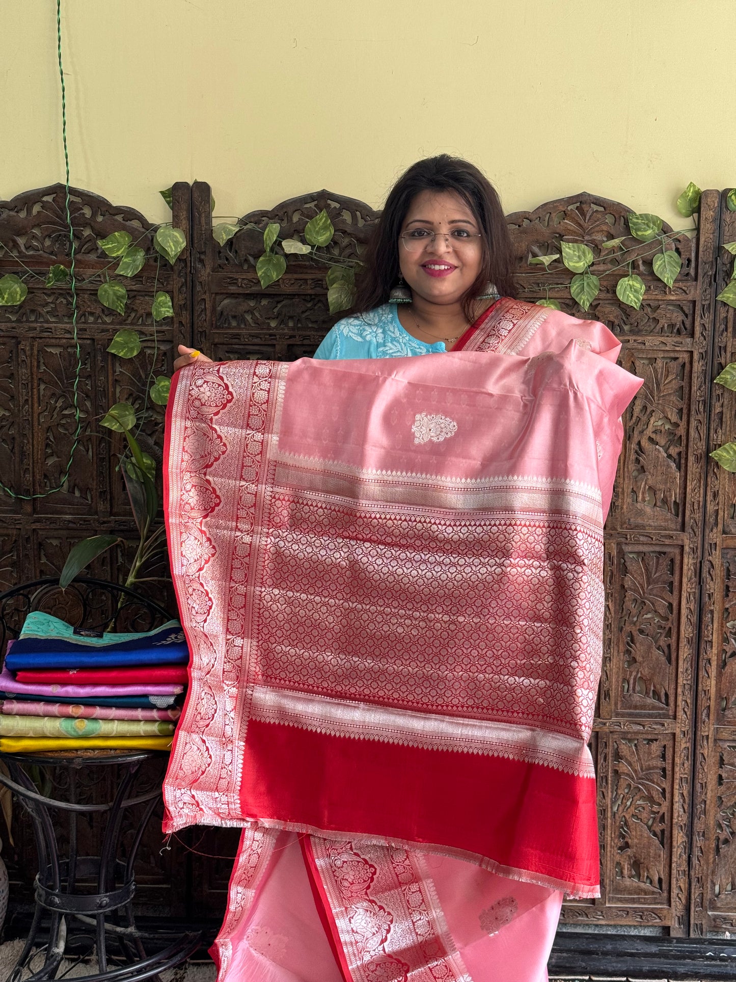 Chiniya Silk Saree Peach Colored Elegantly Paired With a Zari Border - Sampradaya Designer Studio