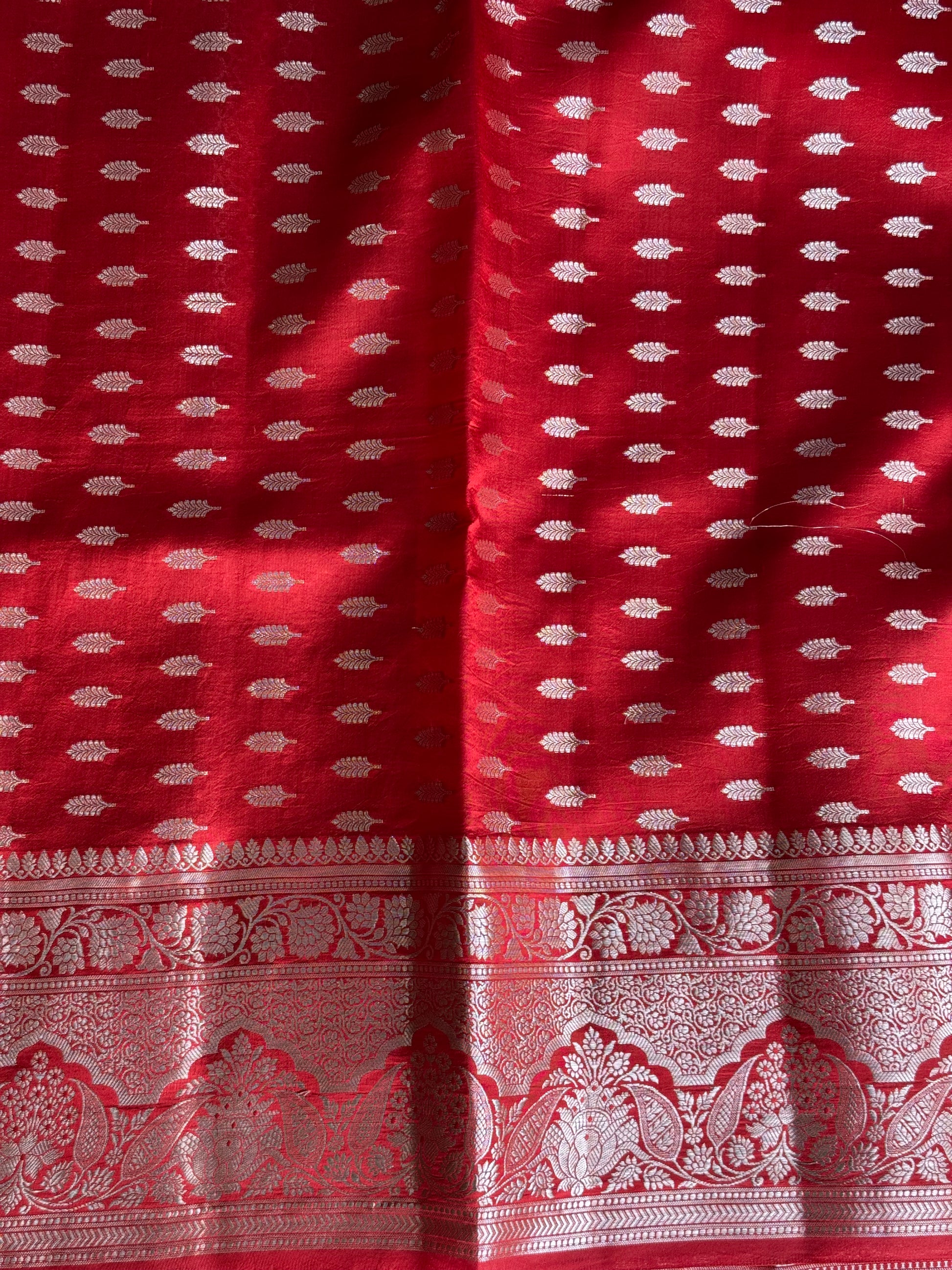 Chiniya Silk Saree Peach Colored Elegantly Paired With a Zari Border - Sampradaya Designer Studio