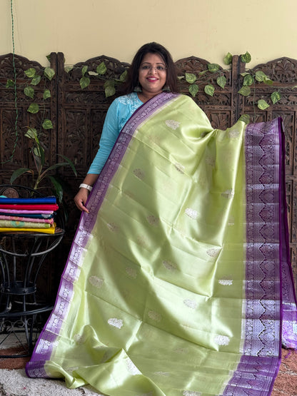 Chiniya Silk Saree Neon Green Colored Elegantly Paired With a Zari Border - Sampradaya Designer Studio