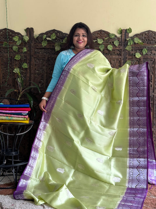 Chiniya Silk Saree Neon Green Colored Elegantly Paired With a Zari Border - Sampradaya Designer Studio
