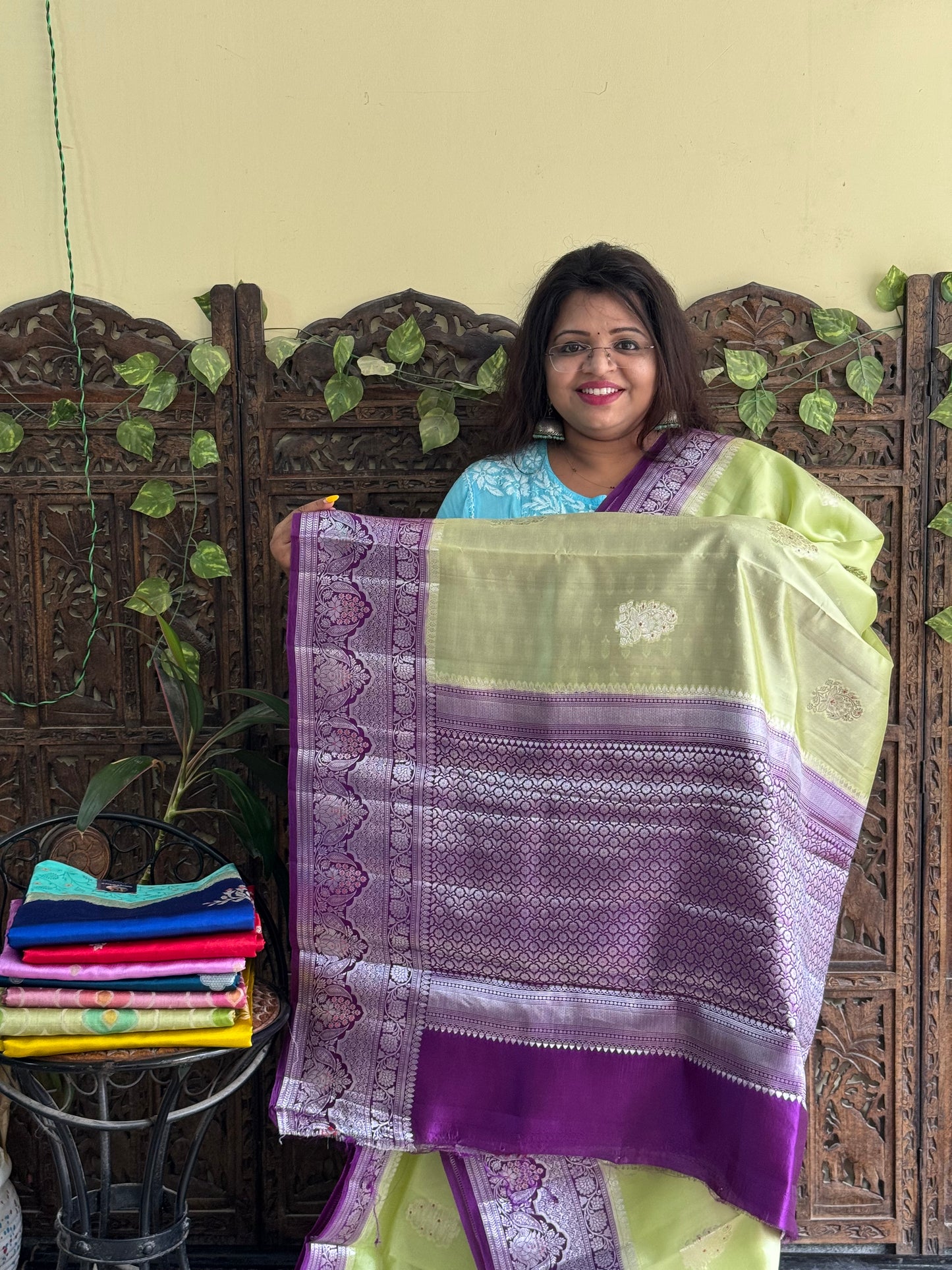 Chiniya Silk Saree Neon Green Colored Elegantly Paired With a Zari Border - Sampradaya Designer Studio