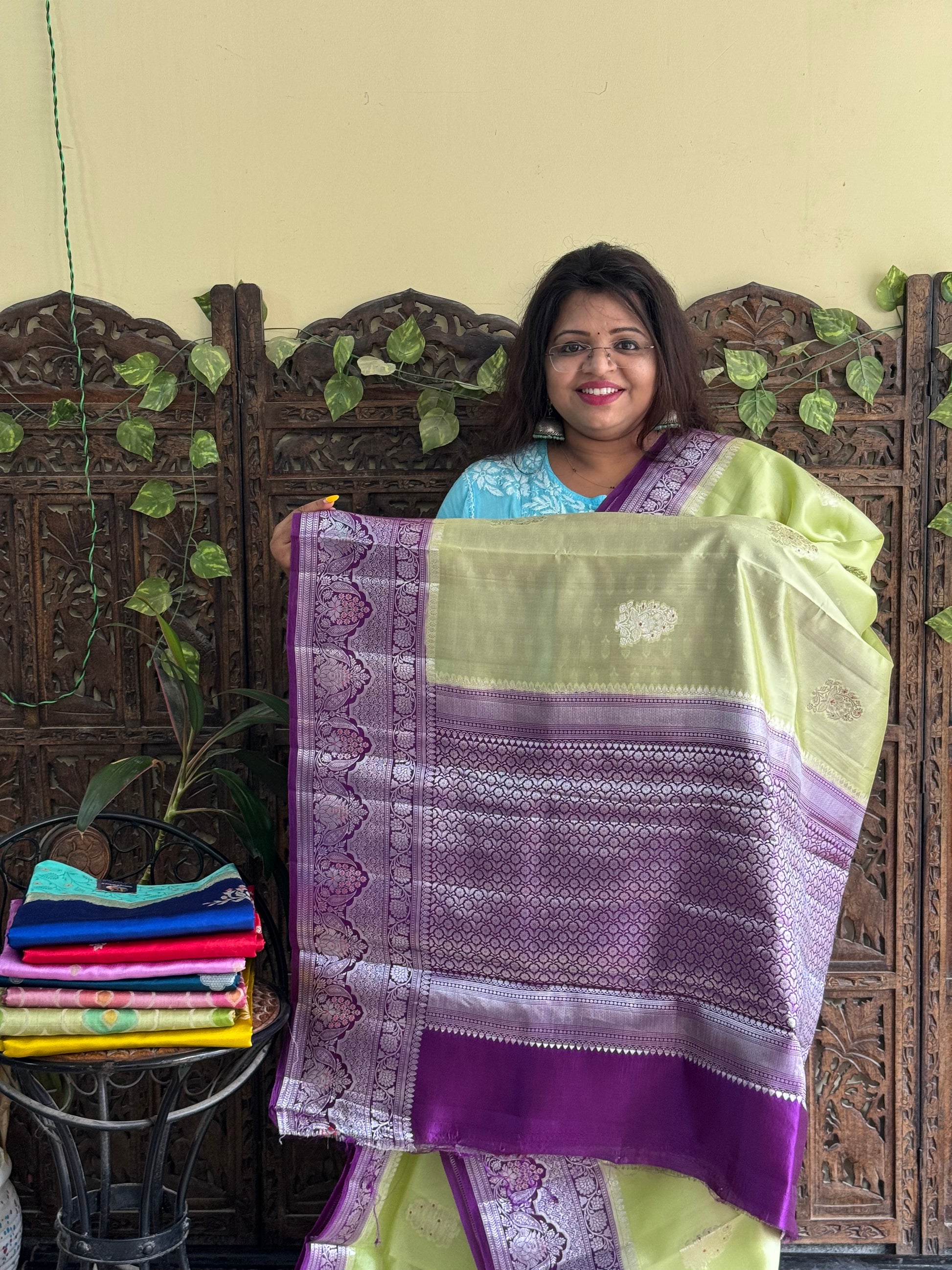 Chiniya Silk Saree Neon Green Colored Elegantly Paired With a Zari Border - Sampradaya Designer Studio