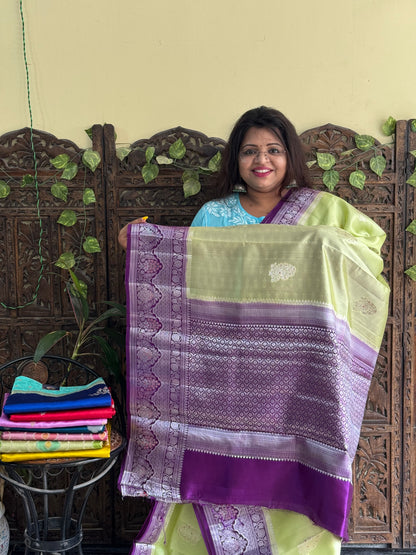 Chiniya Silk Saree Neon Green Colored Elegantly Paired With a Zari Border - Sampradaya Designer Studio