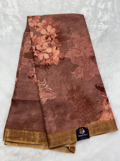 Pure Chiniya Silk Saree Brown Colored Elegantly Paired with a Gold Zari Border.