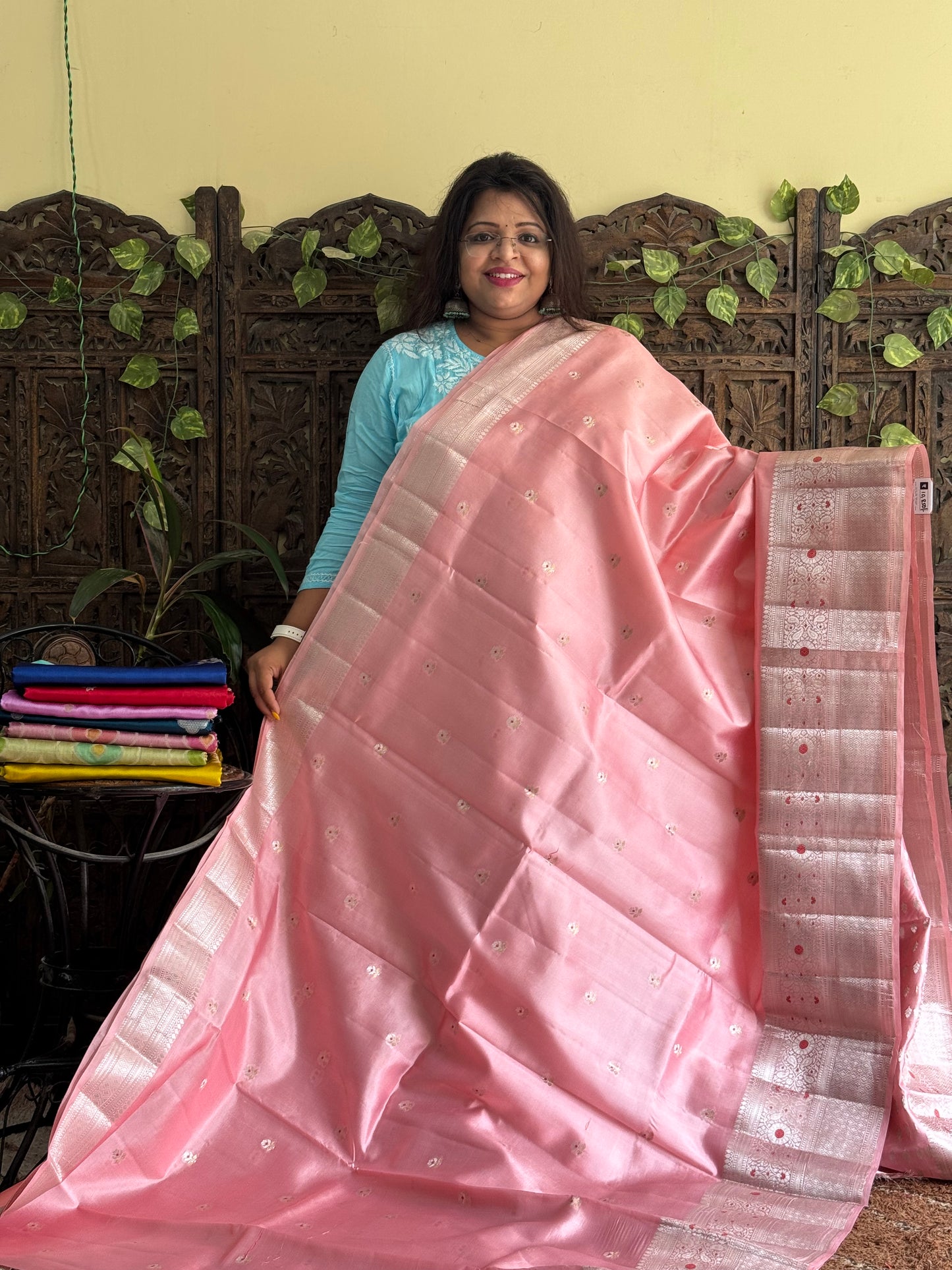 Chiniya Silk Saree Peach Colored Elegantly Paired With  Zari Border - Sampradaya Designer Studio