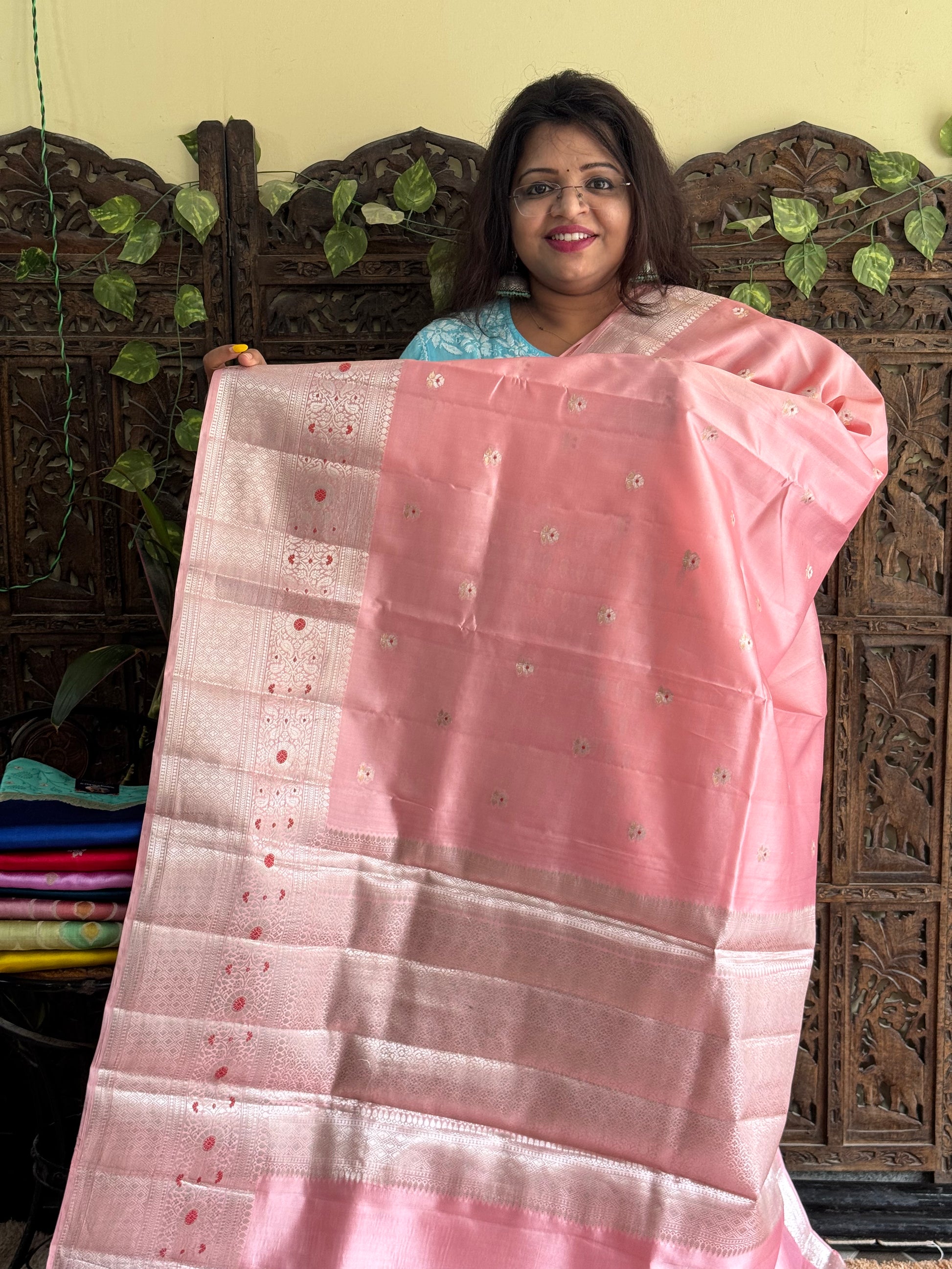 Chiniya Silk Saree Peach Colored Elegantly Paired With  Zari Border - Sampradaya Designer Studio